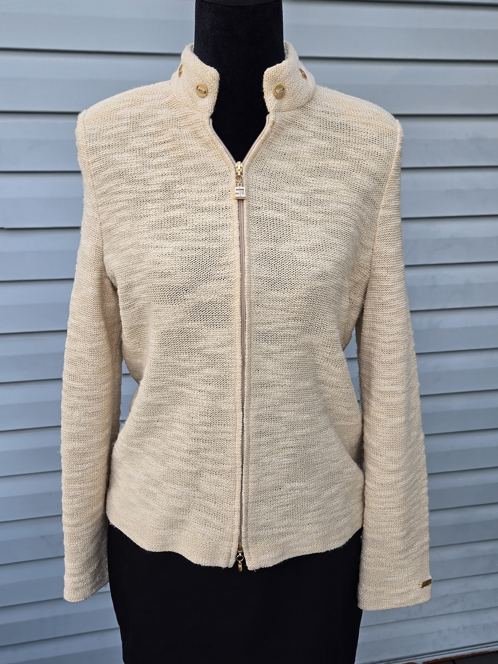 St John Sport Marie Gray Wool Metallic Gold Zip Sweater Jacket Cream Petite P